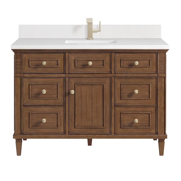 James Martin Vanities 48'' Single Vanity, Mid-Century Walnut w/ Single Hole 3 CM White Zeus Quartz Top & Backsplash 424-V48-WLT-1WZ - main